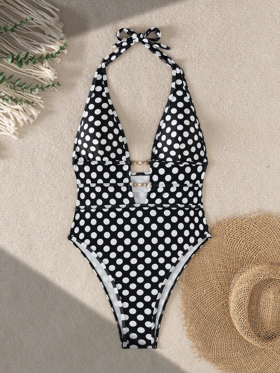 Swim Glamine Áo tắm liền thân nữ kiểu yếm buộc dây, hở lưng, cổ chữ V khoét sâu, chấm bi, thời trang cho mùa hè. - Đen và trắng - Xem 1