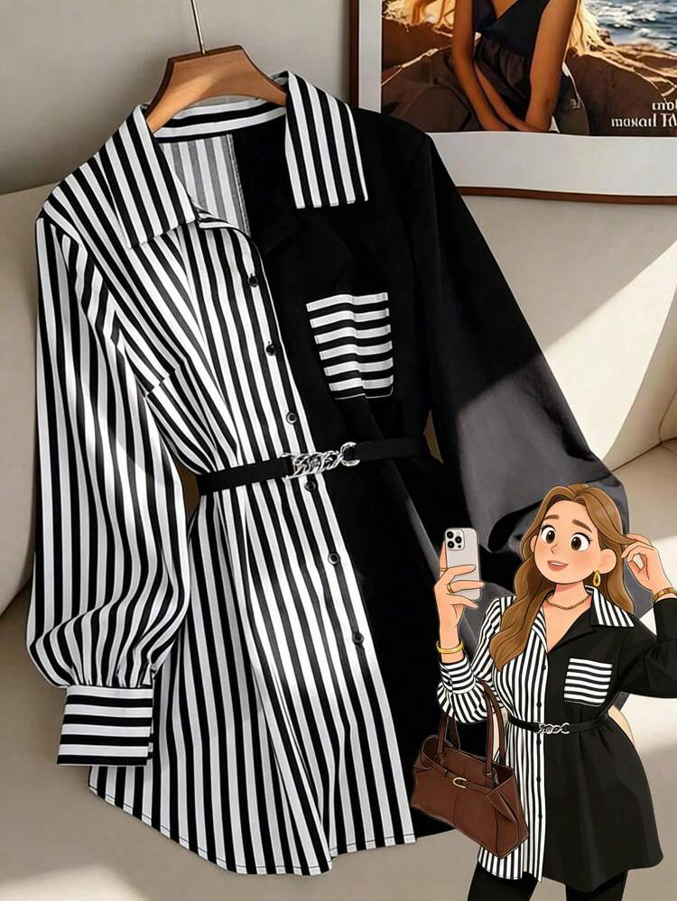 GlowEve CURVE Camisa Casual Solta com Listras e Retalhos para Mulheres Plus Size - Preto e Branco - Visão 1