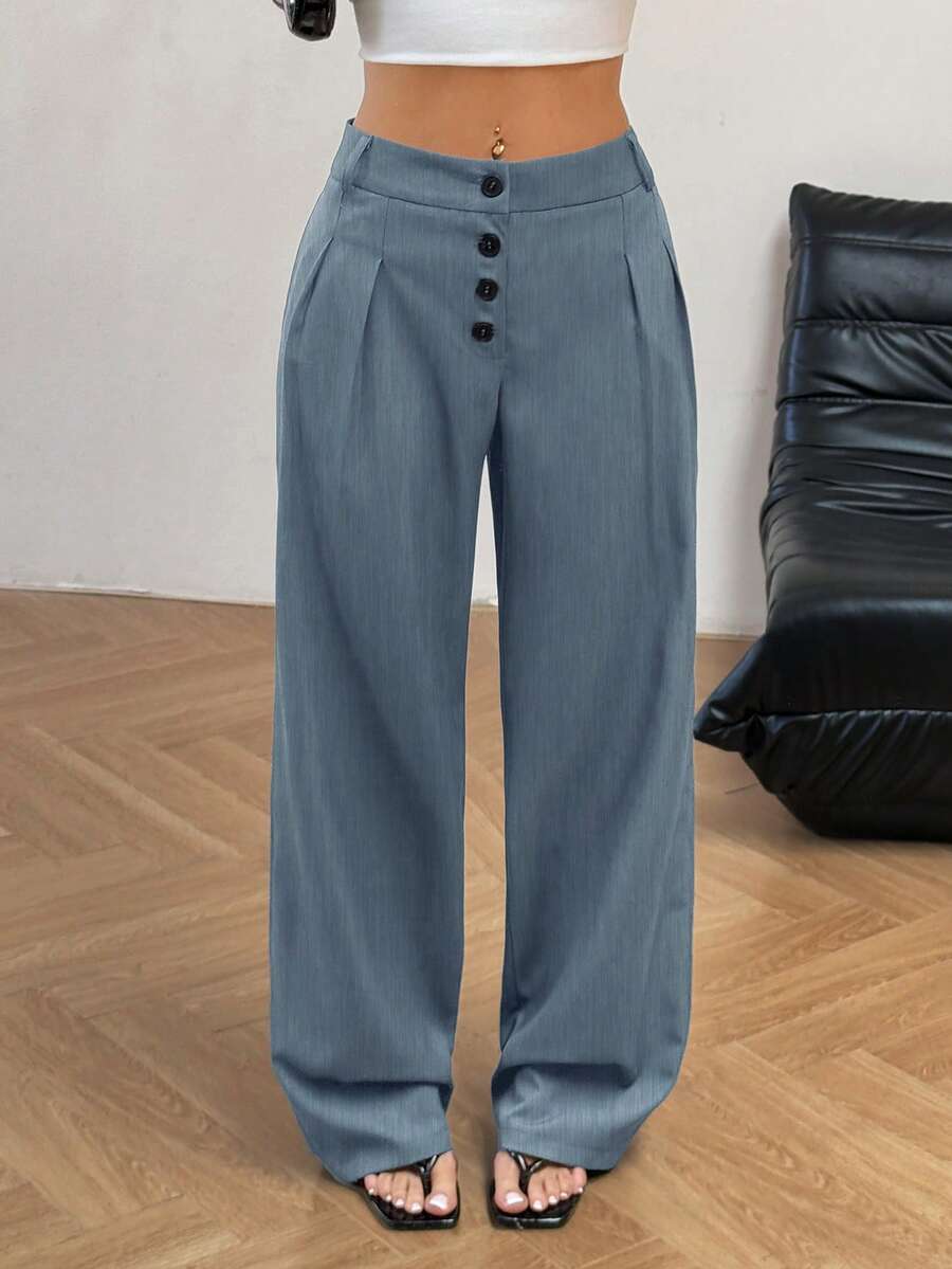 SHEIN Unity 女士纯色褶裥休闲百搭阔腿裤，适合日常穿着 - 淺色水洗藍 - 查看 1