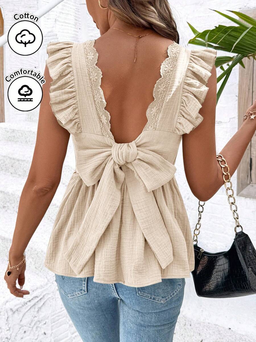 SHEIN Clasi 女士时尚优雅露背V领喇叭袖花卉拼接蝴蝶结舒适面料A字衬衫 - 杏色 - 查看 1