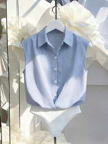 Olithes 蓝白条纹无袖连体衣/宽松休闲/通勤连体衣 - 藍色 - 查看 3