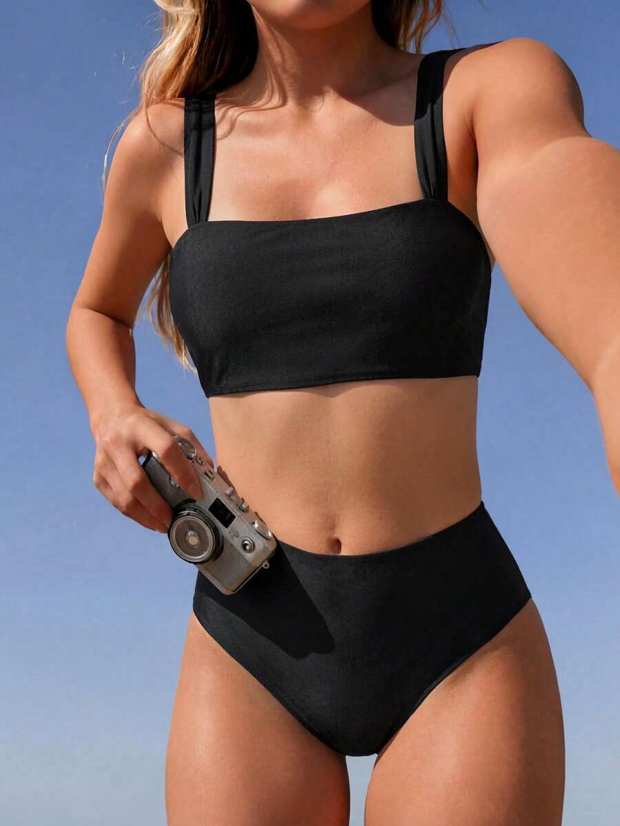 SHEIN Swim 女士纯色性感比基尼泳衣套装，夏季海滩 - 黑色 - 查看 1