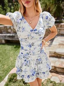 KARISMINA Vestido corto de unicolor con escote en V y manga corta para mujer, adecuado para vacaciones de primavera/verano - Azul y blanco - Ver 7