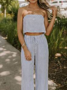 Coeurva 女士春夏时尚休闲优雅浪漫简约条纹两件套，适合日常穿着，蓝色两件套和白色两件套 - 藍白色 - 查看 2