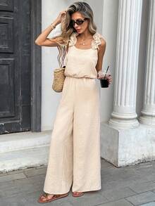Pariaura INS French Summer Design Sense Shoulder Strap Frill Trim Backless Tie-Waist Loose Slimming High-Waisted Wide-Leg Jumpsuit For Women - Apricot - View 7
