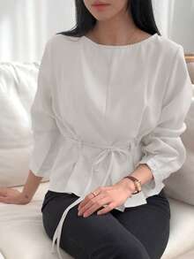 DAZY Elegante formelle Sommerbluse für Damen Einfarbig mit Gürtel und langen Ärmeln - Weiss - Übersicht 5