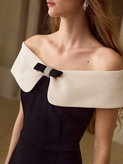 MOTF PREMIUM ELEGANT OFF THE SHOULDER CONTRAST COLOR MINI DRESS FOR WEDDING PARTY