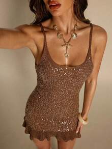 Silquee SHEIN BAE Women's Sequin Fashionable Date Night Party Knit Camisole Dress,Spring/Summer New Arrival: Brown Shimmering Sequined Embroidered Ruffled Hem Dress. Perfect For Beach Vacations, Beach Trips, Beach Parties, Dates, Nightclubs, Picnics, Parties, Music Festivals, Brunch, And Other Occasions. - Coffee Brown - View 2