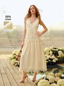 MOTF PREMIUM 女士优雅浪漫蕾丝刺绣拼接中长款亚麻混纺连衣裙，春夏款 - 杏色 - 查看 6