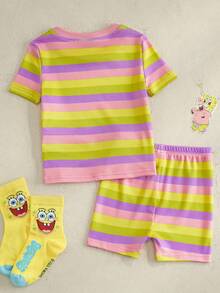 SpongeBob SquarePants | SHEIN 女婴短袖T恤短裤睡衣套装 - 彩色 - 查看 2