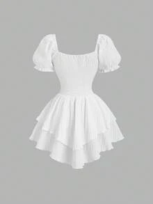 Sweetra Fashionable Minimalist Sexy Style Short Sleeve Square Neck Design, Exquisite Textured Fabric, Waist Cinching, Unique Hemline Design, Summer White New Arrival, Elegant Bombshell Party Dress - White - View 2