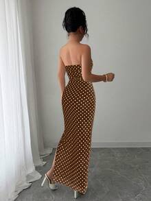 Rafferiza 女士优雅波点网纱褶皱腰部无肩带网纱连衣裙 - 咖啡棕 - 查看 2
