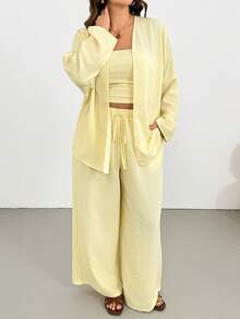 Shapeblank 大码女装春夏时尚休闲宽松舒适日常无肩带上衣、阔腿裤和开衫三件套，浅黄色，度假套装，夏季套装，浅黄色套装，女式两件套休闲夏季套装，女式春季套装，女式度假套装 - 淡黃色 - 查看 7