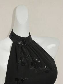 SHEIN ICON Áo croptop nữ cổ yếm không tay ôm sát, vạt bất đối xứng, đính cườm và thêu họa tiết, phong cách Y2K gợi cảm, thích hợp cho mùa Thu/Đông. - màu đen - Xem 9