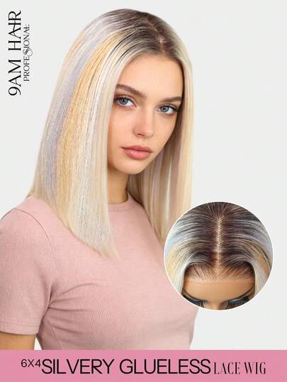 9AM Hair Wear Go Glueless Human Hair Wig Straight Silver Highlight Blonde 10-14 Bob Inch 180% Density Wig 6*4 Transparent Lace Closure Wig Pre-Cut Lace Pre-Plucked Hairline Unprocessed Human Hair High Quality Wig Daily Use Artistic Elegance Active Energy Casual Everyday Romantic Getaway Sport Vacation Bridesmaid Gifts Hair Stuff Gifts For Women Accessories Women Slaying Wig For Your Next Level Night Out Human Hair Lace Wig Natural Glueless Wig For Romantic Date For Women