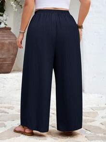 SHEIN CURVE+ Curve Size US22 音樂節度假波希米亞風休閒工裝 2件組寬鬆紋理百褶直筒長褲 秋季 黑色 海軍藍 正式居家穿著 - 彩色 - 查看 2