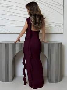 Jemour Asymmetric Ruched Backless Maxi Mesh Dress With Ruffle Hem, Elegant Women's Dress For Vacation & Beach, Spring/Summer ,Summer Dress - Maroon - View 2