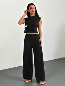 SHEIN PETITE 2件組女款夏季純色黑色休閒家居服，立領百褶襯衫與長褲套裝，舒適運動服飾兩件套，適合嬌小女性 - 黑色 - 查看 6