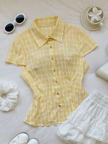 Comfortcana 女士格子短袖单排扣休闲衬衫 - 黃色 - 查看 4