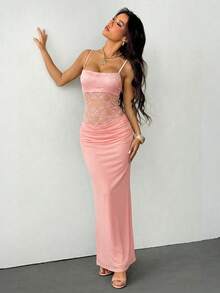 SHEIN PETITE 女士吊带蕾丝透视连衣裙，性感派对装、约会装、节日装，适合秋冬季节，可作内搭。 - 粉色 - 查看 6