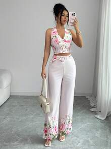 SHEIN Elenzya Women's Minimalist Single-Button Backless Top And Pants 2 Pieces Commuter Suit - Pink - View 5