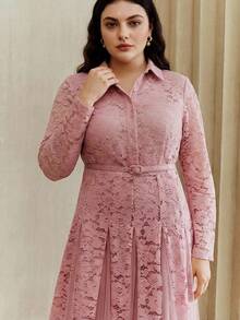 Anewsta New Elegant Chic Mesh & Contrast Lace Design Collar Long Sleeve Flared Dress, Suitable For Party, Wedding, Spring, Summer, Valentine's Day, Carnival - Pink - View 7