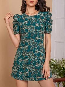Ellevyn Women's Printed Minimalist Casual Round Neck Short Dress - Green - View 1