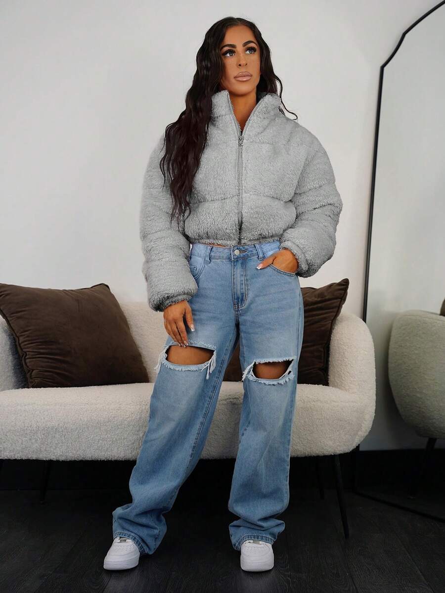 SAYEHFBABY 秋冬女士休闲浅灰色仿羊毛短款夹棉大衣 - 淺灰色 - 查看 1