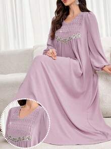 Al Najma Plus Size Women Elegant Party Rhinestone & Sequin Decor Arabic Style Dress - Dusty Pink - View 4