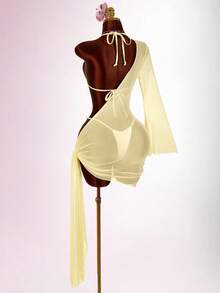 Amplova Women's 3 PiecesBeaded Swimsuit Set Including Sexy Halter Mesh Coverup, Suitable For Holiday Wear With Tie Details - Light Yellow - View 1