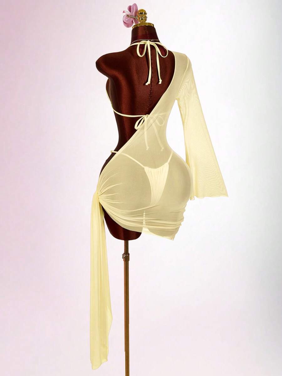 Amplova Women's 3 PiecesBeaded Swimsuit Set Including Sexy Halter Mesh Coverup, Suitable For Holiday Wear With Tie Details - Light Yellow - View 1