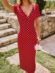KARISMINA V-Neck Short Sleeve Polka Dot Print Knit Dress For Women, Suitable For Spring/Summer Vacation,Summer Dresses For Women - Red and White - View 4