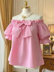 Rometta Camisa suelta casual elegante y sexy de hombros descubiertos con decoración de lazo, color rosa romántico en talla grande - Rosa - Ver 1