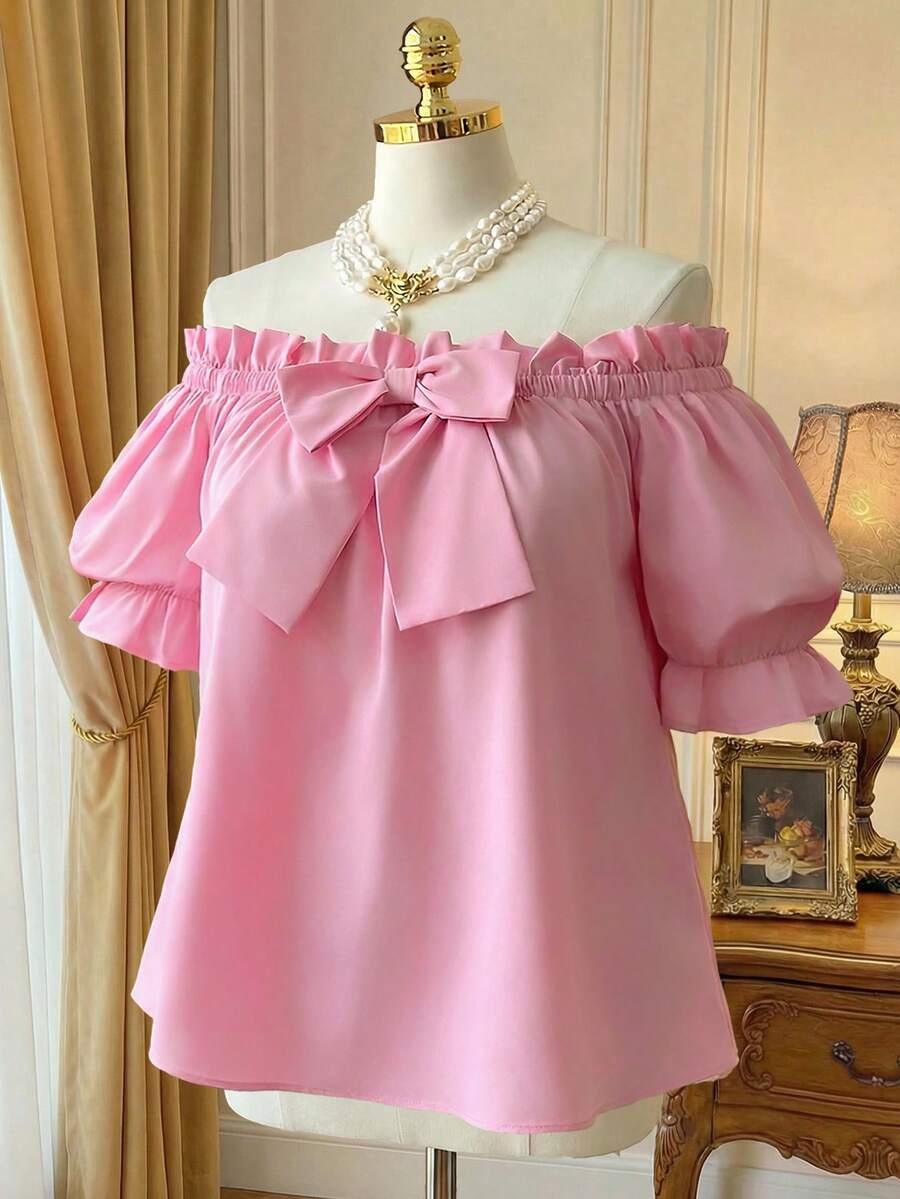 Rometta Camisa suelta casual elegante y sexy de hombros descubiertos con decoración de lazo, color rosa romántico en talla grande - Rosa - Ver 1