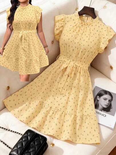 EMERY ROSE 大码碎花短袖A字休闲度假连衣裙