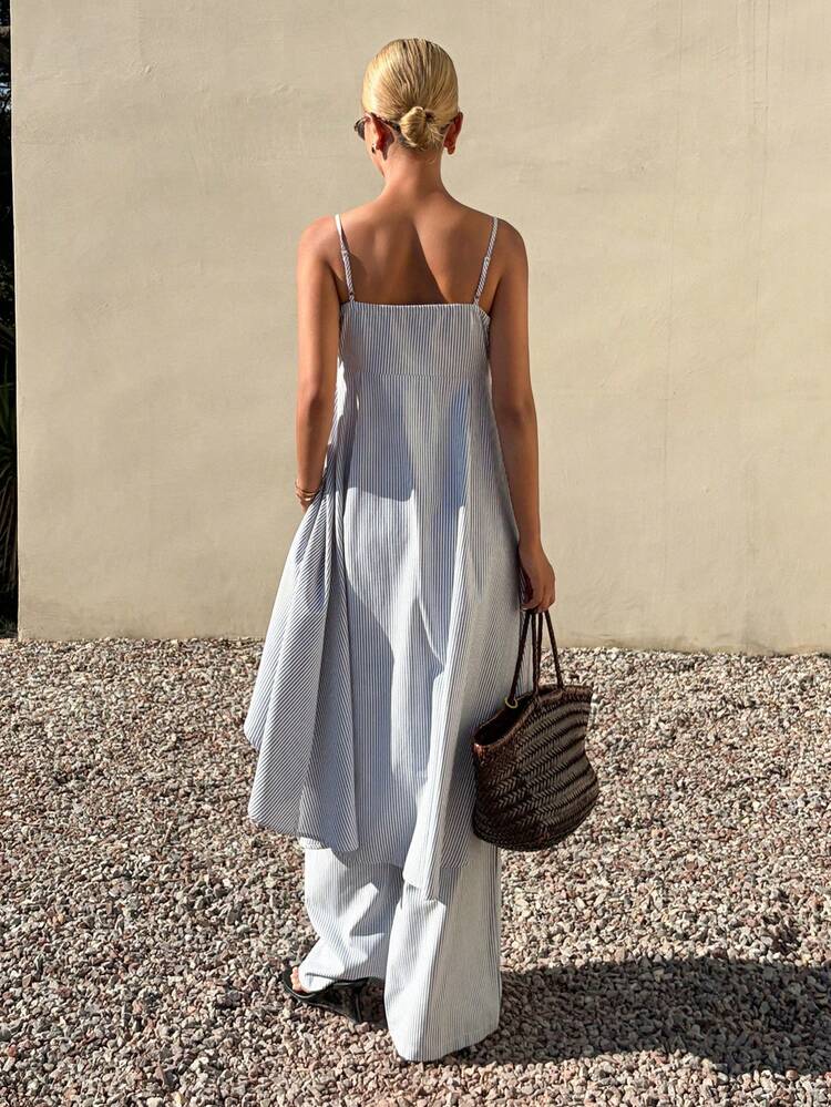 2pcs/Set Women Striped Camisole & Wide Leg Pants Casual Vacation Summer Outfit