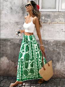 SHEIN Holidaya 女士休闲度假印花长裙 女士沙滩装 女士夏季装 - 綠色 - 查看 3