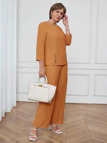 Miaspire 女士纯色简约长袖上衣和裤子两件套 - 橘色 - 查看 7