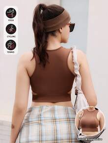 Easithlete Easithlete 女士纯色简约无袖无缝运动T恤，休闲日常穿着 - 棕色 - 查看 2