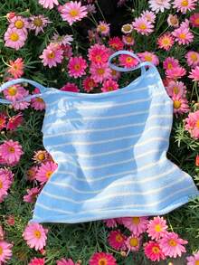 Comfortcana 女士条纹宽松休闲吊带针织上衣 - 藍色 - 查看 4