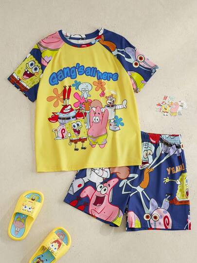 SpongeBob SquarePants | SHEIN Tween Boy Short Sleeve T-Shirt And Shorts Pajama Set