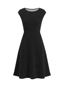 Ellevyn Đầm midi nữ kẻ sọc cổ tròn tay ngắn kiểu dáng thường ngày - màu đen - Xem 10