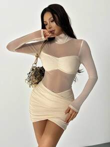 SHEIN PETITE 女士时尚性感网纱拼接立领迷你连衣裙，适合秋冬季感恩节和新年穿着，秋冬季感恩节和新年派对礼服，女士派对连衣裙 - 杏色 - 查看 10