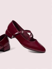 CUCCOO DOLLMOD Giày nữ mũi tròn, chất liệu PU bóng màu đen, kiểu dáng cơ bản, quai chéo, dễ thương, đa năng, phù hợp với phong cách sinh viên, giày Mary Jane gót dày cao gót. - Màu Đỏ Sâu - Xem 3