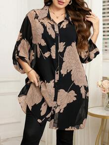 Reflora Plus Size Contrast Color Loose Long Sleeve Casual Blouse For Women - Coral Orange - View 7