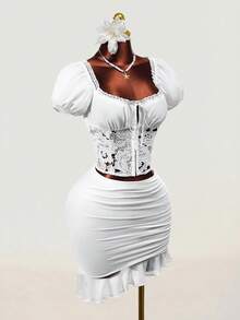 Mistrie The New Sexy YK2 Girlie Square-Neck Laceless Openwork Embroidered Lace Fabric Patchwork Lace Bra, Top, Women's Shirt, Sexy And Fashionable French-Style Short Shirt, Suitable For Beach Vacation, Wedding, Etc. - White - View 4