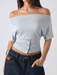 LYSMO 2026新款极简灰色短袖修身圆领休闲衬衫，女士时尚上衣，春夏款 - 灰色 - 查看 3