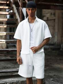 PAVTROS Men's White Short Sleeve Button-Front Shirt And Drawstring Waist Shorts Set,2 Piece Summer Vacation Outfits,Streetwear Co Ord Set Men Clothes - White - View 3