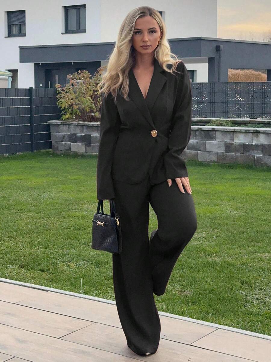 Jeta Ari Modischer minimalistischer Damen Pendelverkehr & Lässig Blazer mit Metallschnalle am Kragen und Langarm sowie Hose mit hoher Taille, Zweiteiler Set, auberginefarben, Herbst/Winter - marineblau - Übersicht 1
