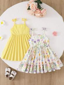 SHEIN Bộ váy áo hè 2 mảnh mới cho bé gái | Váy đỏ xếp ly có nơ + Váy trắng in hình dưa hấu | Váy công chúa ngọt ngào dáng xòe cạp cao | Váy cotton thường ngày dự tiệc | Thiết kế xếp ly họa tiết trái cây cho bé 1-3 tuổi | Trang phục chụp ảnh hè tươi tắn - Nhiều màu - Xem 2